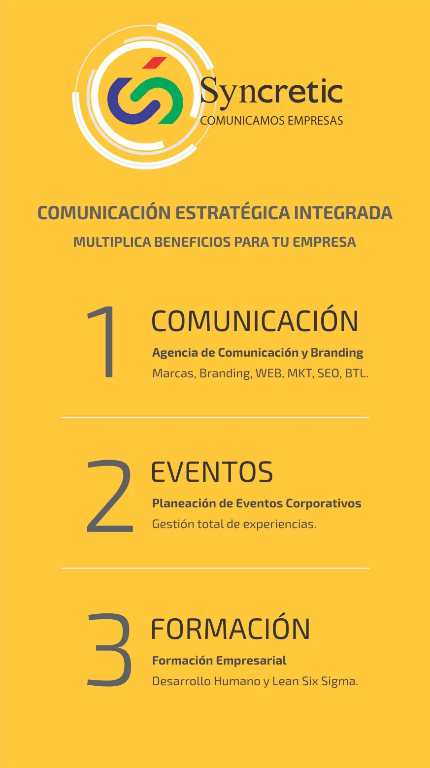 Contacta a Syncretic Comunicación, 3 Servicios fundamentales Comunicación 360, Planeación de Eventos Corporativos y Formación empresarial.